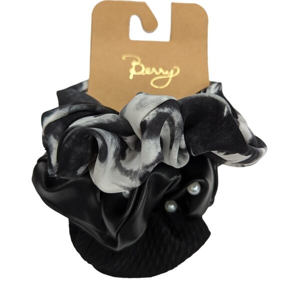Black Hair Scrunchie Tie Dye Ponytail Pearl and Faux Leather Set of 3 - Picture 4 of 4